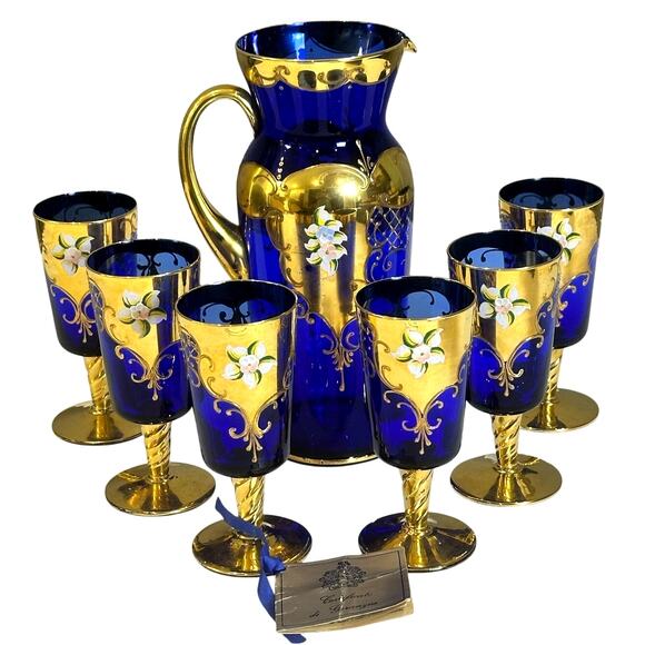 Tre Fuochi Venetian Murano Cobalt Blue Enameled and 24K Gold Decanter+6 Goblets - Picture 1 of 12